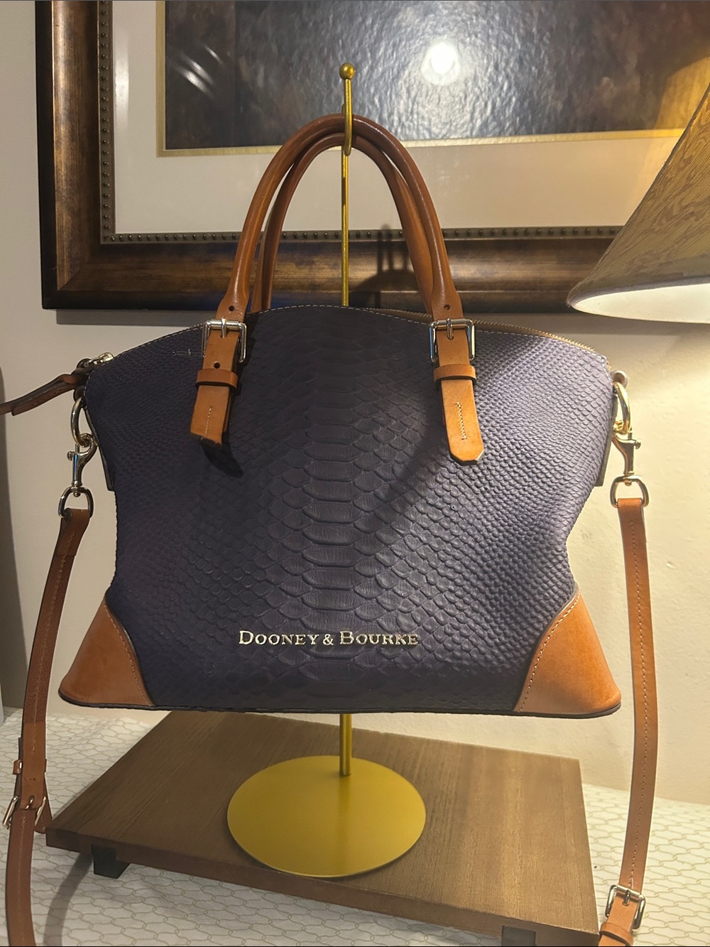 Dooney & Bourke Navy Pebbled Satchel with Tan Leather Trim